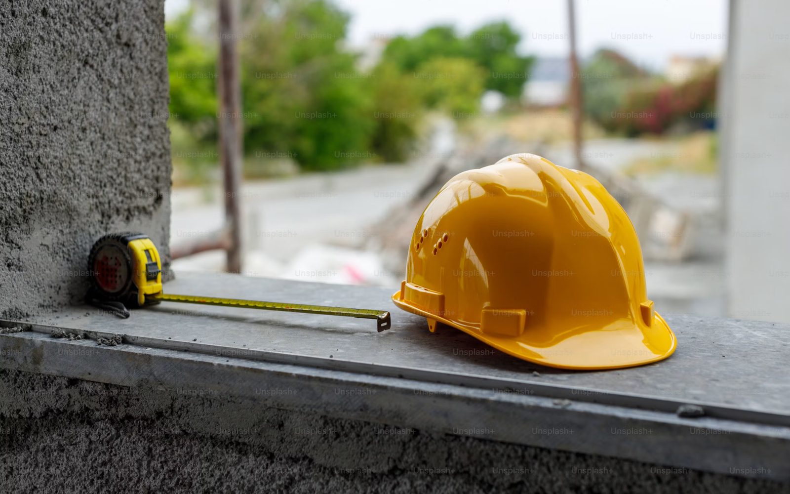 Yellow hard hat and tape measure on a construction site ledge