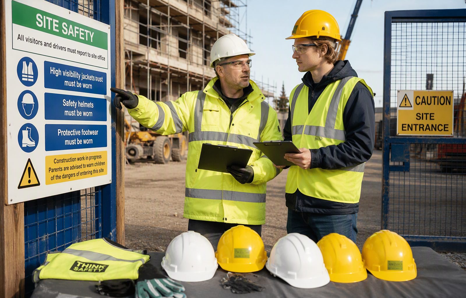 New worker safety orientation at a construction site entrance
