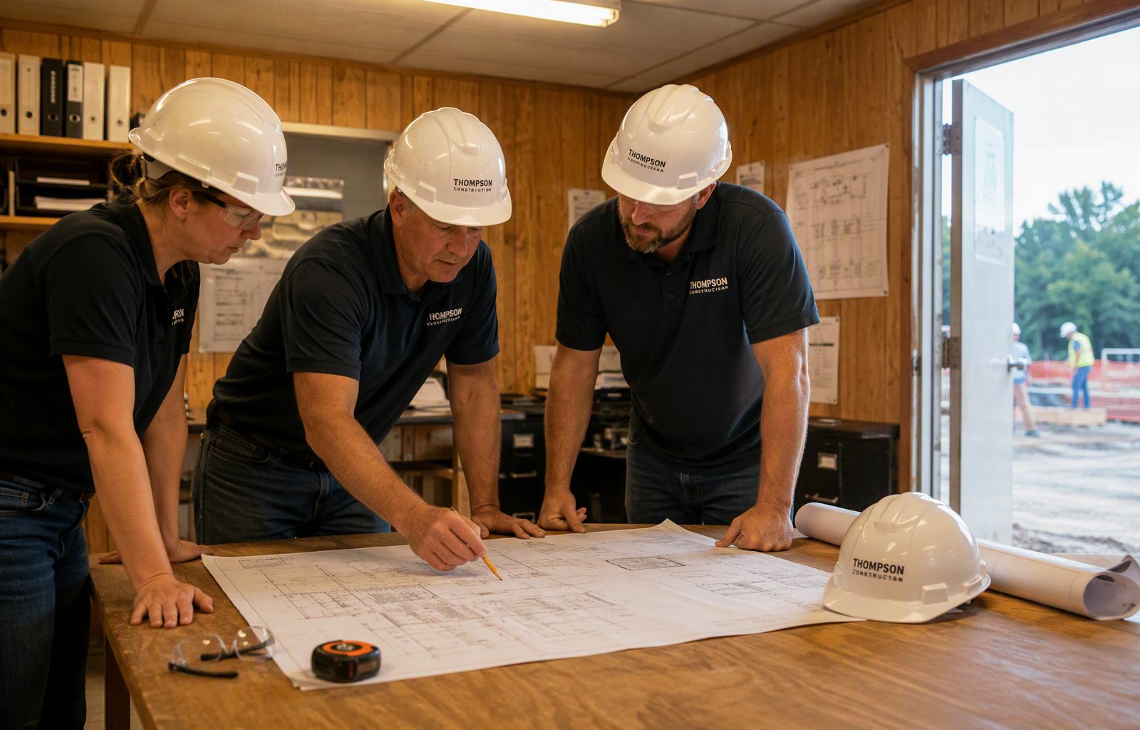 Project team reviewing safety drawings on site